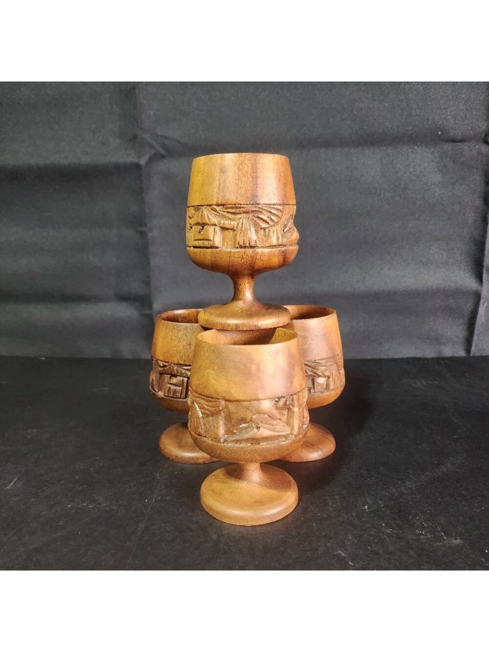 Vintage MCM Hand-Carved Teak/Monkey Pod Wood Tiki Goblets - Set of 4